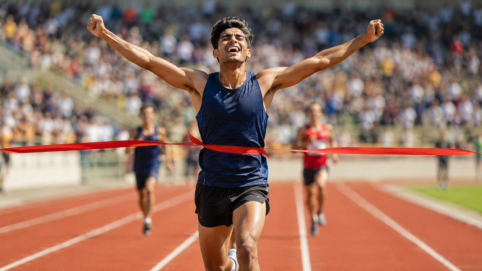 एथलेटिक्स ट्रैक पर धावक जीत